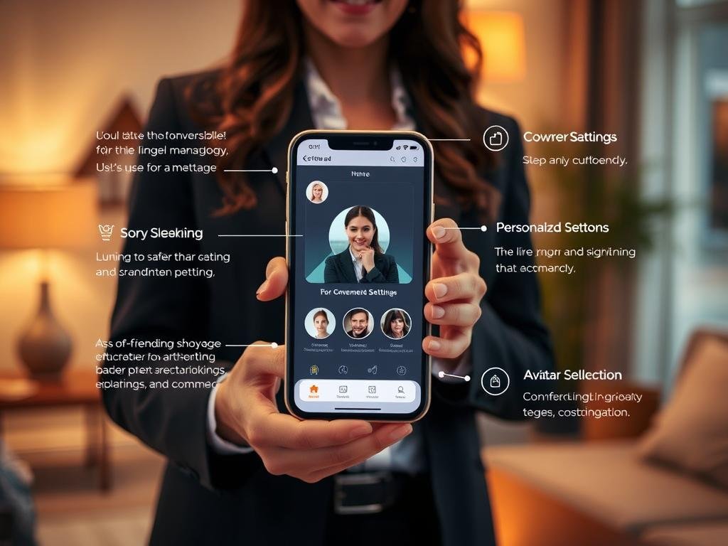 A modern and visually appealing representation of the key features of the AI Companion App, "sexlove.ai." In the foreground, showcase sleek, intuitive app interface elements, such as buttons for conversation, personalized settings, and avatar customization. The middle ground should feature a user-friendly smartphone held by a person dressed in professional business attire, emphasizing relatability and connection. In the background, incorporate a warm, softly lit virtual living space, suggesting comfort and intimacy. Use soft focus lighting to create a serene atmosphere and highlight the cutting-edge technology with a subtle glow. The angle should be slightly tilted, giving a dynamic perspective that draws the viewer into the app's inviting world.