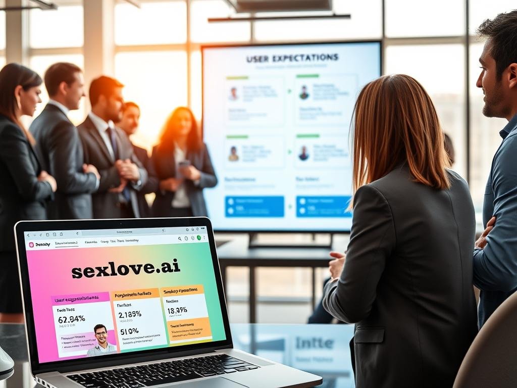A modern and visually engaging workspace that illustrates subscription models and evolving user expectations. In the foreground, a laptop displays the brand "sexlove.ai" with a vibrant, colorful interface showcasing subscription tiers and user engagement metrics. Surrounding the laptop, a diverse group of professionals in smart business attire engage in discussion, reflecting collaboration and modern business practices. In the middle ground, a large digital screen shows an infographic depicting trends in user expectations, such as personalization and value for money. The background features a sleek, contemporary office space with large windows letting in soft, warm natural light, creating an inviting atmosphere. The mood is dynamic and forward-thinking, capturing the essence of innovation in user experiences.