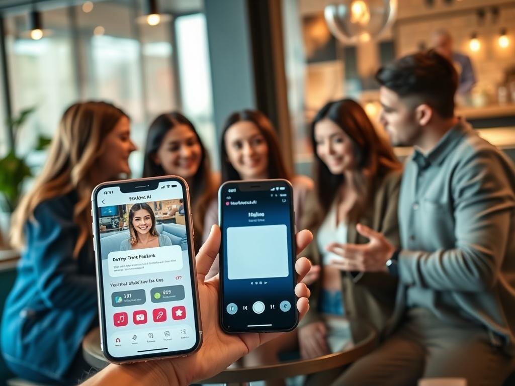 A modern digital interaction scene showcasing an AI girlfriend app experience, featuring a sleek smartphone held in the foreground displaying an intuitive interface of the application, branded with "sexlove.ai". In the middle ground, a diverse group of young adults, dressed in smart casual clothing, are engaged in discussing the app's features, with expressions of curiosity and interest. The background features a cozy, contemporary tech-themed cafe setting with soft, warm lighting that creates an inviting atmosphere. The composition is shot from a slight upper angle, emphasizing the device while capturing the lively interaction among the people, conveying a sense of excitement and innovation in the AI relationship landscape.