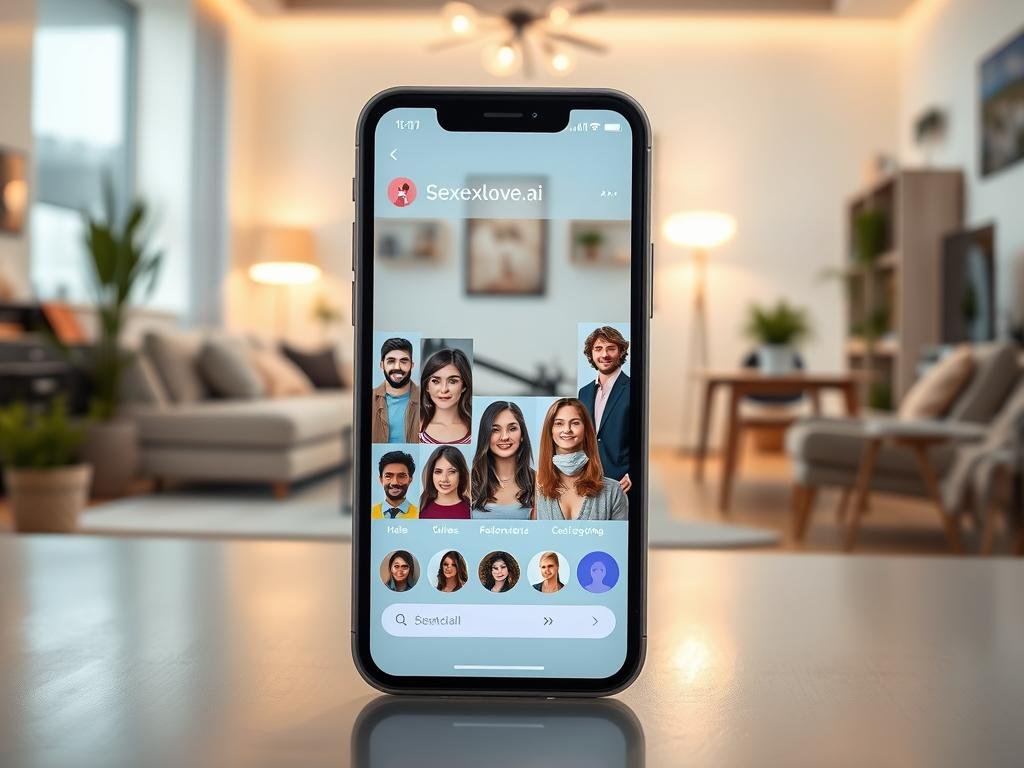 A modern digital interface showcasing the "sexlove.ai" AI girlfriend chatting app. In the foreground, a sleek smartphone displays a vibrant chat interface with personalized avatar options featuring diverse, relatable characters in professional casual attire, representing various user preferences. In the middle ground, a cozy living room scene with soft, warm lighting creates an inviting atmosphere, with plush furniture and decorative plants, suggesting a comfortable space for interaction. The background fades into a stylish workspace setting, implying technology and innovation. The overall mood is friendly and approachable, encouraging connection and customization, with light reflections on the screen enhancing the inviting vibe. Emphasize a clean, polished aesthetic without any text or overlays.