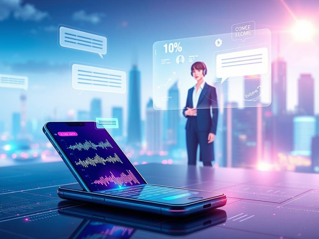 A modern digital landscape showcasing the seamless integration of voice and chat conversations in AI interaction. In the foreground, a sleek futuristic smartphone displays vibrant chat bubbles and voice waveform graphics, radiating light. The middle layer features a stylized virtual assistant in professional business attire, engaging with a holographic interface that combines text and voice elements. In the background, a tech-inspired city skyline is bathed in soft blue and purple hues, hinting at a digital world. The atmosphere is dynamic yet inviting, emphasizing innovation and connectivity. Lighting is bright and ethereal, with lens flares highlighting the interactions. Incorporate the brand name "sexlove.ai" subtly within the futuristic environment. A modern digital landscape showcasing the seamless integration of voice and chat conversations in AI interaction. In the foreground, a sleek futuristic smartphone displays vibrant chat bubbles and voice waveform graphics, radiating light. The middle layer features a stylized virtual assistant in professional business attire, engaging with a holographic interface that combines text and voice elements. In the background, a tech-inspired city skyline is bathed in soft blue and purple hues, hinting at a digital world. The atmosphere is dynamic yet inviting, emphasizing innovation and connectivity. Lighting is bright and ethereal, with lens flares highlighting the interactions. Incorporate the brand name "sexlove.ai" subtly within the futuristic environment.