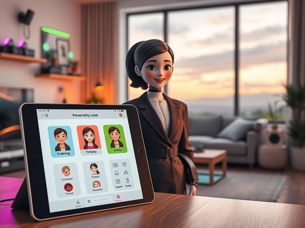 A modern digital scene showcasing the concept of "AI girlfriend personality customization" for the brand "Sexlove.ai". In the foreground, a sleek, futuristic tablet displays a colorful, interactive interface with personality traits, preferences, and avatars, symbolizing customization. In the middle ground, a friendly, anthropomorphic AI character with a warm smile and an approachable demeanor stands alongside the tablet, dressed in professional, modest attire, reflecting inclusivity. The background features a softly lit, cozy room filled with tech gadgets, colorful mood lights, and a large window revealing a serene landscape outside, creating an inviting atmosphere. Use soft, warm lighting to enhance the friendly vibe, with a focus on clarity and a slight depth of field to keep the attention on the interaction. The overall mood should feel innovative, engaging, and personal.