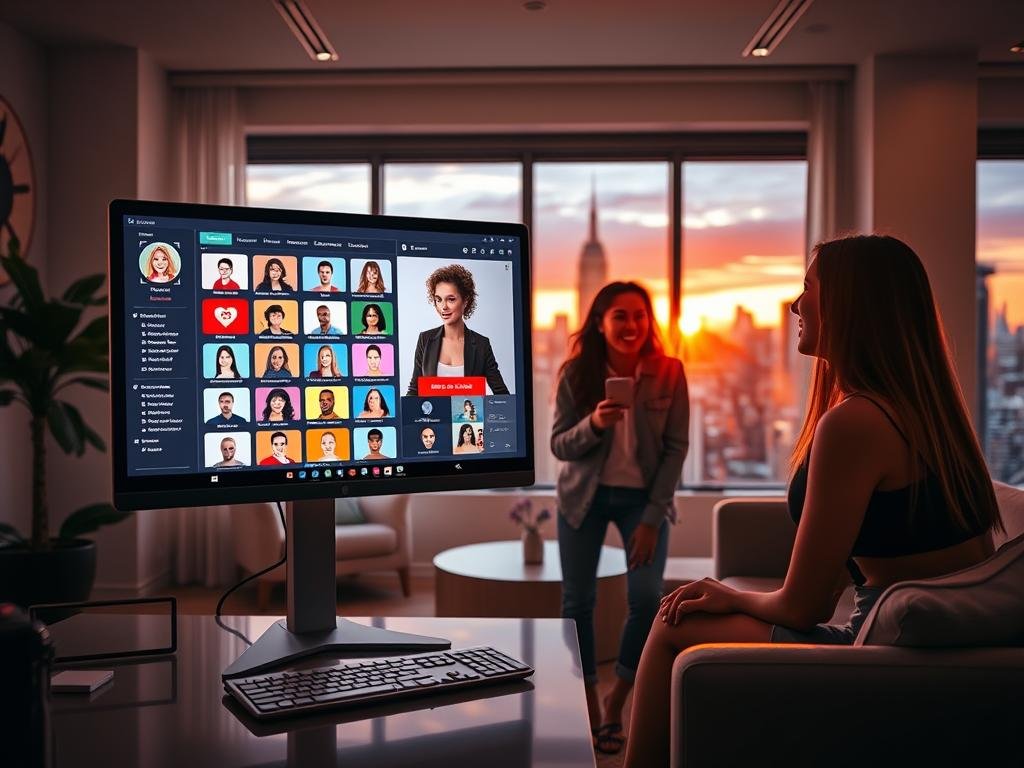 A modern digital workspace showcasing the concept of an "AI Girlfriend Generator Experience" powered by sexlove.ai. In the foreground, a sleek computer screen displays a user-friendly interface filled with colorful icons representing various customizable features for the ideal virtual companion. Just beside the screen, a diverse group of three friends, dressed in smart casual attire, are engaging excitedly with the technology, showcasing joy and curiosity. The middle ground features a stylish room with contemporary furnishings, soft ambient lighting enhancing the cheerful atmosphere. In the background, a large window reveals a vibrant cityscape, bathed in warm sunset hues, symbolizing innovation and connection. The overall mood is upbeat and inviting, emphasizing creativity and the joy of building a unique virtual companion experience. A modern digital workspace showcasing the concept of an "AI Girlfriend Generator Experience" powered by sexlove.ai. In the foreground, a sleek computer screen displays a user-friendly interface filled with colorful icons representing various customizable features for the ideal virtual companion. Just beside the screen, a diverse group of three friends, dressed in smart casual attire, are engaging excitedly with the technology, showcasing joy and curiosity. The middle ground features a stylish room with contemporary furnishings, soft ambient lighting enhancing the cheerful atmosphere. In the background, a large window reveals a vibrant cityscape, bathed in warm sunset hues, symbolizing innovation and connection. The overall mood is upbeat and inviting, emphasizing creativity and the joy of building a unique virtual companion experience.
