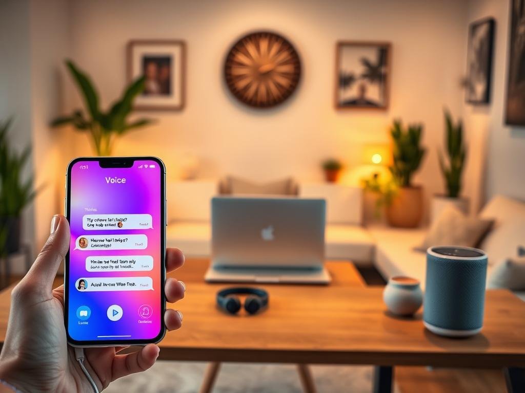 A modern digital workspace showcasing the voice and messaging features of the AI girlfriend app "sexlove.ai". In the foreground, a sleek smartphone displays a vibrant user interface with chat bubbles and voice input icons, indicating an interactive conversation with an AI girlfriend. The middle layer features a stylish desk with a laptop, headphones, and a smart speaker, emphasizing the voice recognition capabilities. In the background, a cozy, welcoming room with soft lighting creates an intimate atmosphere, complemented by subtle decor like plants and artwork. The mood is tech-forward and engaging, with a warm color palette that suggests a blend of comfort and innovation. Use a soft focus lens and a slightly elevated angle for a polished, professional look.