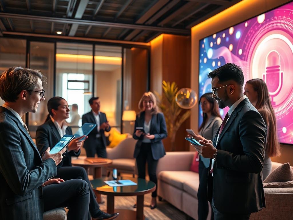 A modern, futuristic scene that illustrates "Engaging Voice and Chat Interactions" for users of the AI app "sexlove.ai". In the foreground, a diverse group of professionals, dressed in smart business attire, engage in animated discussions while using sleek, holographic devices that display chat interfaces. The middle layer features a cozy, high-tech lounge with comfortable seating and ambient lighting. In the background, a large, illuminated screen showcases a vibrant visual representation of voice and chat data flowing dynamically, symbolizing the interactive nature of AI technology. The atmosphere is warm and inviting, with soft golden lighting casting gentle shadows, creating a sense of connection and excitement in communication. Use a slightly low-angle perspective to emphasize the immersive experience of the interaction. A modern, futuristic scene that illustrates "Engaging Voice and Chat Interactions" for users of the AI app "sexlove.ai". In the foreground, a diverse group of professionals, dressed in smart business attire, engage in animated discussions while using sleek, holographic devices that display chat interfaces. The middle layer features a cozy, high-tech lounge with comfortable seating and ambient lighting. In the background, a large, illuminated screen showcases a vibrant visual representation of voice and chat data flowing dynamically, symbolizing the interactive nature of AI technology. The atmosphere is warm and inviting, with soft golden lighting casting gentle shadows, creating a sense of connection and excitement in communication. Use a slightly low-angle perspective to emphasize the immersive experience of the interaction.