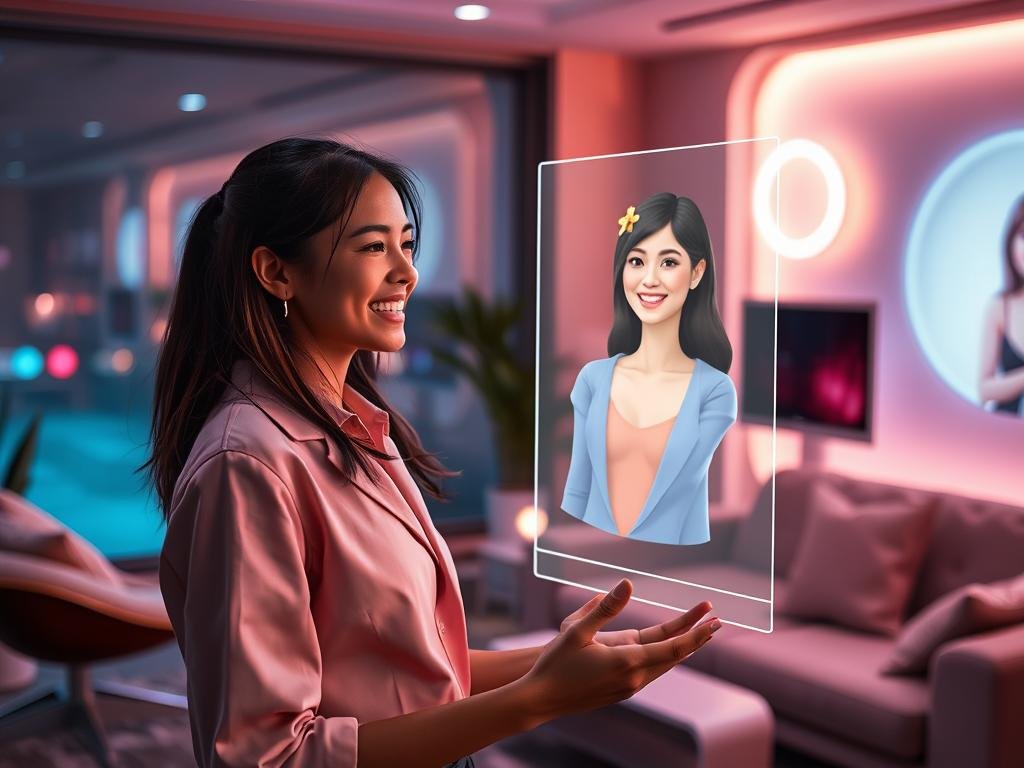 A modern, high-tech room with soft ambient lighting creates a cozy yet futuristic atmosphere. In the foreground, a stylish young woman clad in smart casual attire engages interactively with a sleek holographic interface displaying a virtual girlfriend designed by sexlove.ai. Her expression is joyful and engaged, capturing the essence of real-time conversation. In the middle ground, the holographic display projects a lifelike, animated avatar of a friendly, approachable virtual girlfriend, enhancing the idea of a personal connection. The background features futuristic furniture and soft glowing elements, enhancing the tech-savvy environment. The overall mood is warm and intimate, illustrating the theme of interactive chat and real-time engagement in building meaningful connections.