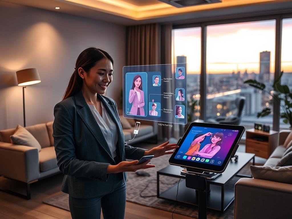 A modern, immersive scene depicting the experience of using "sexlove.ai", an AI girlfriend app. In the foreground, a young professional woman, dressed in stylish business attire, engages with an advanced holographic interface showcasing her AI girlfriend. The middle ground features a sleek digital device displaying vibrant, animated interactions, embodying a friendly and supportive AI companion. The background reveals a well-lit, contemporary living space with soft ambient lighting, modern furniture, and tech gadgets, creating a cozy yet futuristic atmosphere. A large window offers a glimpse of a city skyline at dusk, enhancing the mood of innovation and connection. Capture the essence of an engaging, user-friendly experience in a visually compelling manner.