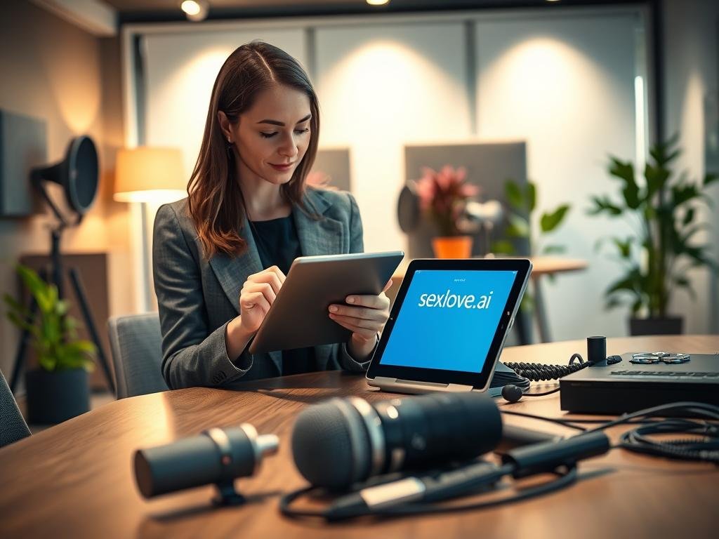 A modern, inviting workspace set up for evaluating AI voice experiences. In the foreground, a professional woman in smart casual attire, thoughtfully examining her tablet with a confident expression, as she interacts with an AI voice application titled "sexlove.ai". In the middle ground, a sleek microphone and various audio devices lie on an organized desk, symbolizing voice technology. The background features soft ambient lighting casting a warm glow in a contemporary office with soundproof panels and vibrant indoor plants, creating a comfortable atmosphere. The angle is slightly tilted, capturing the focus on the woman and her engagement with the AI technology. The overall mood conveys curiosity, innovation, and professionalism, emphasizing the evaluation process of AI voice experiences.