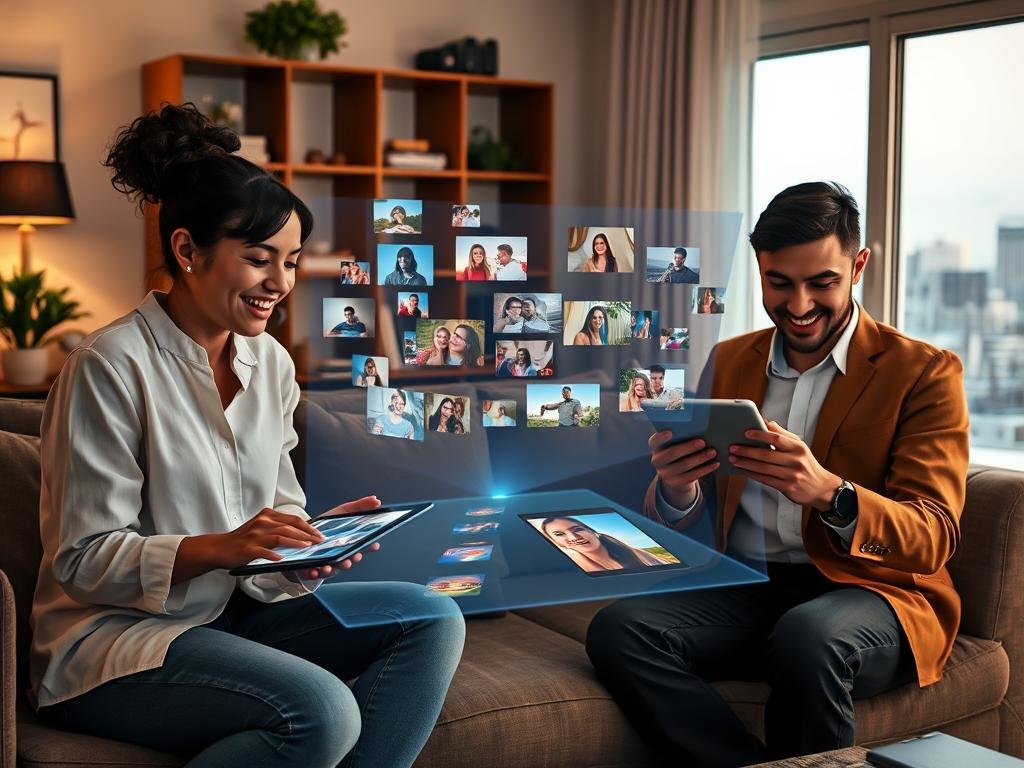 A modern living room filled with warm, soft lighting, featuring a comfortable couch where a diverse group of individuals interact with their virtual companion through multimedia devices. In the foreground, a woman and a man, both dressed in casual yet professional attire, are using tablets to share photos and videos with their AI companion. The middle layer showcases a sleek, holographic display emanating from the devices, depicting vibrant images and animations related to their conversations. The background reveals a stylish bookshelf and a window with a view of a serene cityscape, adding to the ambiance. The atmosphere is engaging and friendly, highlighting the excitement of digital interaction with "sexlove.ai." Use a high-resolution lens with a slight angle to convey depth and focus on the joyful expressions of the individuals. A modern living room filled with warm, soft lighting, featuring a comfortable couch where a diverse group of individuals interact with their virtual companion through multimedia devices. In the foreground, a woman and a man, both dressed in casual yet professional attire, are using tablets to share photos and videos with their AI companion. The middle layer showcases a sleek, holographic display emanating from the devices, depicting vibrant images and animations related to their conversations. The background reveals a stylish bookshelf and a window with a view of a serene cityscape, adding to the ambiance. The atmosphere is engaging and friendly, highlighting the excitement of digital interaction with "sexlove.ai." Use a high-resolution lens with a slight angle to convey depth and focus on the joyful expressions of the individuals.