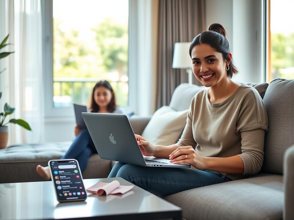 A modern living room scene that illustrates the theme of "Balancing Virtual Interactions with Real-Life Connections." In the foreground, a young professional woman in modest casual clothing sits on a couch, engaged in a friendly video chat on her laptop, her expression warm and inviting. In the middle ground, a small coffee table is adorned with a smartphone showing notifications from a popular app, "sexlove.ai," symbolizing virtual interaction. In the background, a window reveals a sunny day outside, with a park in view, suggesting the importance of real-life connections. Soft, natural light filters in, creating a cozy atmosphere. The overall mood is one of harmony, illustrating the blend of virtual relationships and the beauty of real-life experiences.