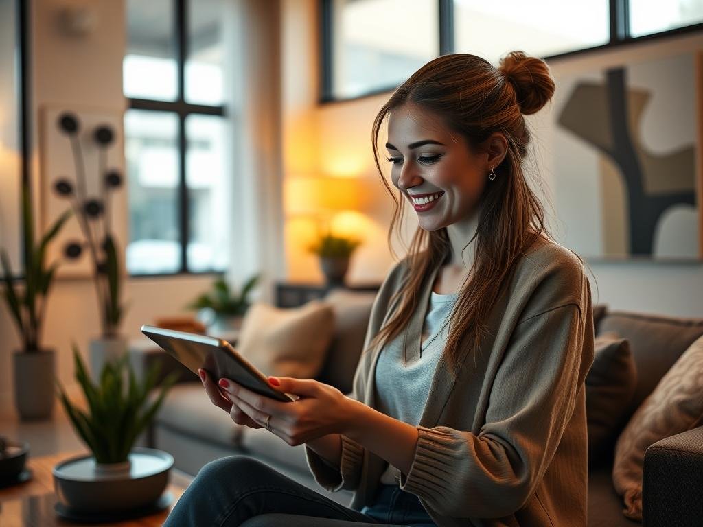 A modern living room setting, softly lit by warm ambient light filtering through large windows. In the foreground, a young woman dressed in stylish yet casual attire interacts with her AI companion displayed on a sleek tablet. She is smiling, expressing delight and engagement. The middle ground features a cozy sofa and some decorative plants. In the background, abstract art on the walls adds a creative touch, enhancing the atmosphere of innovation and comfort. The scene conveys a sense of companionship, trust, and technology. Capture a sense of intimacy and connection, reflecting an ideal user experience with the AI companion brand "sexlove.ai". A soft focus effect can be applied to create a warm, inviting mood.