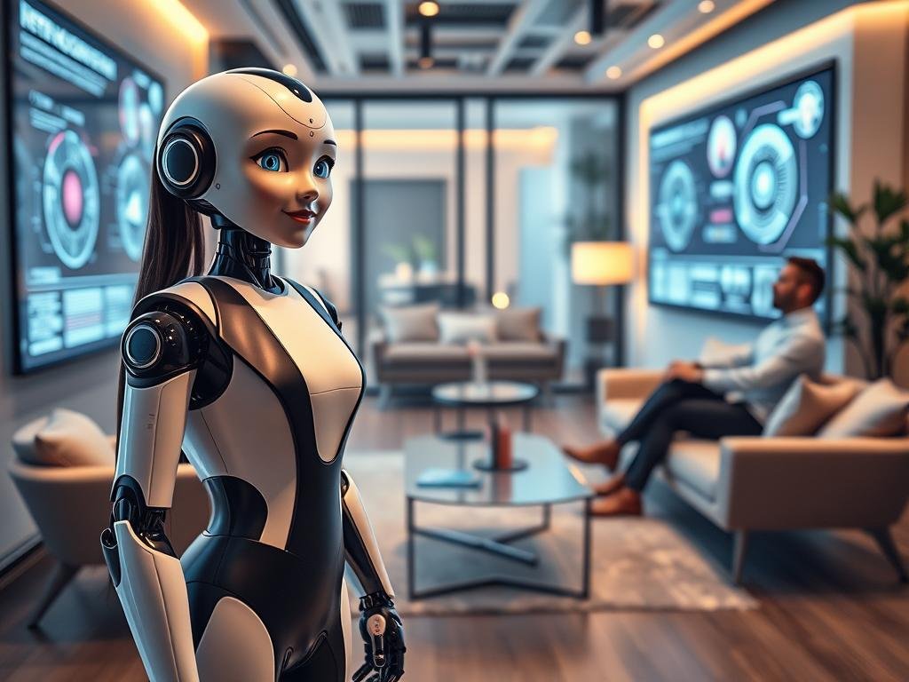 A modern office environment showcasing a sleek, futuristic AI girlfriend robot, designed by the innovative company "Sexlove.ai." In the foreground, the robot has a charming and friendly appearance, featuring human-like facial expressions and an engaging smile, dressed in stylish yet professional attire. The middle ground includes a comfortable lounge area with plush chairs and a small coffee table, where a human user interacts positively with the robot. The background displays advanced technology with large screens featuring AI interfaces and design schematics. Soft, ambient lighting creates a warm atmosphere, highlighting the robot's features while emphasizing a sense of comfort and connection. The scene is captured from a dynamic angle, showcasing the interaction and the high-tech environment, inviting curiosity and interest in the AI companionship theme.