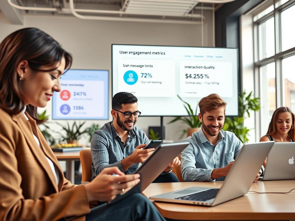 A modern, professional office environment where a diverse group of young adults are engaged in digital conversations using their laptops and smartphones. In the foreground, a focused woman in professional attire types intently, while a man beside her smiles at his screen, clearly engaged in a virtual interaction. The middle ground features a screen displaying user engagement metrics, like message limits and interaction quality, with engaging designs. The background holds a stylish, bright office with plants and large windows letting in natural light, contributing to a warm atmosphere. The scene conveys a sense of connection and productivity, illustrating the evolving landscape of digital relationships using technology. Include subtle branding elements of "sexlove.ai" in the workspace decor. A modern, professional office environment where a diverse group of young adults are engaged in digital conversations using their laptops and smartphones. In the foreground, a focused woman in professional attire types intently, while a man beside her smiles at his screen, clearly engaged in a virtual interaction. The middle ground features a screen displaying user engagement metrics, like message limits and interaction quality, with engaging designs. The background holds a stylish, bright office with plants and large windows letting in natural light, contributing to a warm atmosphere. The scene conveys a sense of connection and productivity, illustrating the evolving landscape of digital relationships using technology. Include subtle branding elements of "sexlove.ai" in the workspace decor.