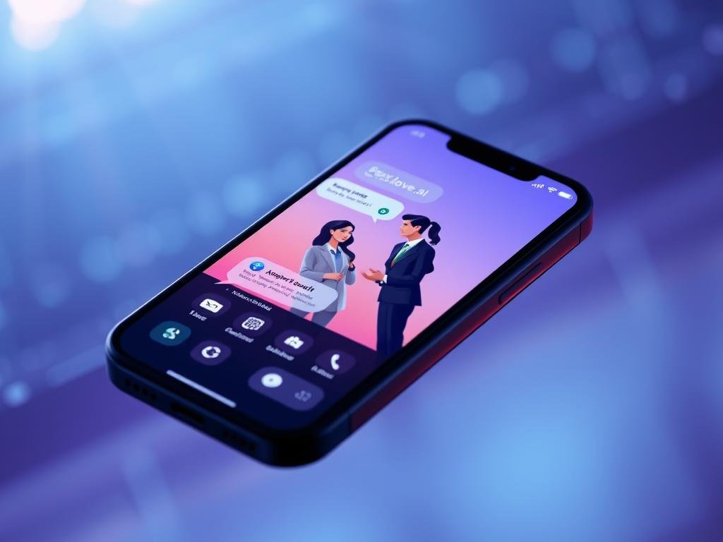 A modern, sleek app interface showcasing the features of "Sexlove.ai". In the foreground, display a high-resolution smartphone with a vibrant screen featuring user-friendly navigation icons, conversation threads, and interactive elements, all designed in a calming color palette. The middle layer includes subtle illustrations of diverse individuals engaging in thoughtful, respectful conversation, dressed in professional business attire to convey a sense of trust and sophistication. In the background, create an abstract, soft-focus tech environment that highlights innovation and connection, with gentle gradients of blue and purple lighting to enhance the mood. The overall atmosphere should feel inviting and thoughtful, emphasizing quality conversations and advanced AI interaction. Capture the image with a slight top-down angle, showcasing both the app's screen and the tech-inspired background in harmonious balance, devoid of any text or logos. A modern, sleek app interface showcasing the features of "Sexlove.ai". In the foreground, display a high-resolution smartphone with a vibrant screen featuring user-friendly navigation icons, conversation threads, and interactive elements, all designed in a calming color palette. The middle layer includes subtle illustrations of diverse individuals engaging in thoughtful, respectful conversation, dressed in professional business attire to convey a sense of trust and sophistication. In the background, create an abstract, soft-focus tech environment that highlights innovation and connection, with gentle gradients of blue and purple lighting to enhance the mood. The overall atmosphere should feel inviting and thoughtful, emphasizing quality conversations and advanced AI interaction. Capture the image with a slight top-down angle, showcasing both the app's screen and the tech-inspired background in harmonious balance, devoid of any text or logos.