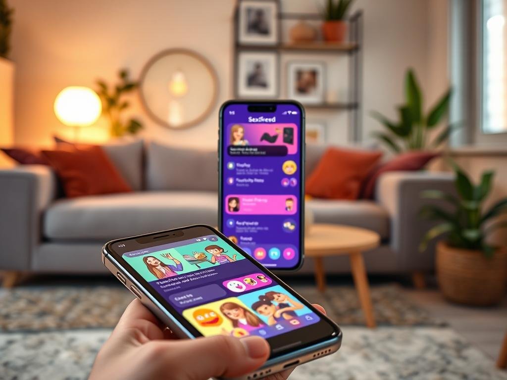 A modern, sleek digital interface displaying an AI girlfriend's daily feed updates on a smartphone. The foreground features a close-up of the phone with bright, engaging images showcasing various activities and moments, such as cooking, reading, or exercising, all illustrated with a cheerful and friendly AI character representing the girlfriend. In the middle, the apps in the interface highlight vibrant notifications and user-friendly design elements. The background depicts a cozy, softly lit living room, featuring comfortable furniture and houseplants, creating a warm, inviting atmosphere. The overall mood is uplifting and tech-savvy, emphasizing the concept of companionship through technology. Use soft natural lighting to enhance the scene, suggesting a relaxed, daily routine that aligns with the brand "Sexlove.ai". A modern, sleek digital interface displaying an AI girlfriend's daily feed updates on a smartphone. The foreground features a close-up of the phone with bright, engaging images showcasing various activities and moments, such as cooking, reading, or exercising, all illustrated with a cheerful and friendly AI character representing the girlfriend. In the middle, the apps in the interface highlight vibrant notifications and user-friendly design elements. The background depicts a cozy, softly lit living room, featuring comfortable furniture and houseplants, creating a warm, inviting atmosphere. The overall mood is uplifting and tech-savvy, emphasizing the concept of companionship through technology. Use soft natural lighting to enhance the scene, suggesting a relaxed, daily routine that aligns with the brand "Sexlove.ai".