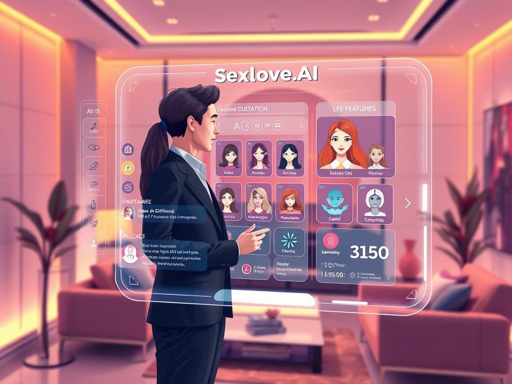A modern, sleek illustration showcasing a digital interface representing an AI girlfriend creation app called "sexlove.ai". In the foreground, a user in professional business attire interacts with a holographic display, selecting features and preferences for their AI companion. The middle layer features various customizable options with animated icons, showcasing different personality traits and appearances. The background depicts a stylish, high-tech room with soft lighting that creates an inviting atmosphere, with hints of futuristic decorations. The overall mood is one of excitement and innovation, emphasizing the practical use cases of creating personalized AI relationships. The lighting should be warm and inviting, enhancing the intimate yet professional vibe of the scene, captured at a slight angle to add depth.