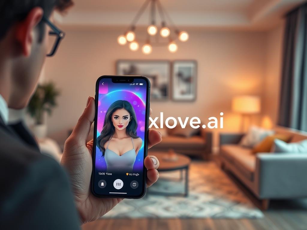 A modern, sleek interface of an AI Girlfriend app displayed on a smartphone in the foreground, showcasing vibrant visuals and interactive elements. The device is held by a user in smart casual attire, demonstrating engagement and excitement. In the middle, a cozy ambient setting features a stylish living room with soft lighting, emphasizing a warm, inviting atmosphere. In the background, abstract digital graphics symbolize advanced AI technology, creating an imaginative contrast. The overall mood is uplifting and accessible, suggesting a friendly connection between users and the app. The brand name "sexlove.ai" subtly integrated into the app interface, showcasing a cutting-edge innovation. The composition captures a sense of companionship and sophistication, with a focus on technology and human interaction.