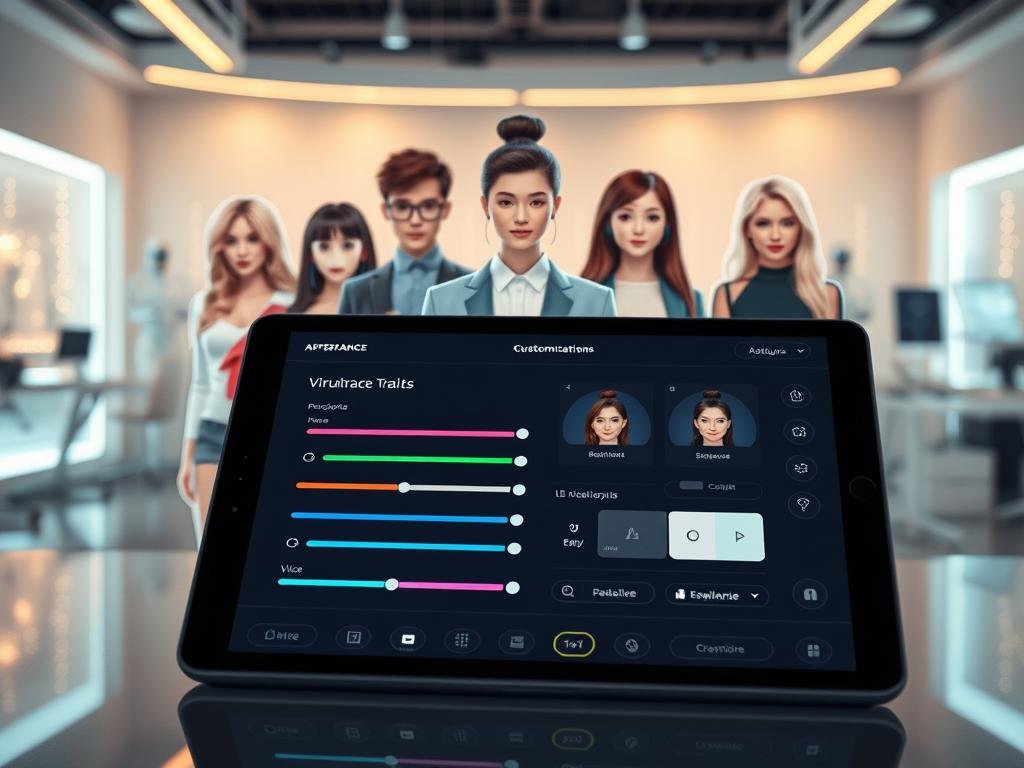 A modern, sleek interface showcasing various customization options for virtual companions, focusing on features like appearance settings, personality traits, and voice selection. In the foreground, depict a high-tech digital tablet displaying colorful, interactive sliders and icons for adjusting these attributes. The middle ground features holographic representations of virtual companions, emphasizing diversity in hairstyles, clothing styles, and accessories. The background should be a soft, futuristic workspace filled with ambient lighting, hinting at advanced AI technology. The atmosphere is innovative and inspiring, suggesting a blend of creativity and technology. The image reflects the brand "sexlove.ai" subtly, embodying an advanced yet approachable aesthetic without explicit content, ensuring a professional tone suitable for a broad audience. A modern, sleek interface showcasing various customization options for virtual companions, focusing on features like appearance settings, personality traits, and voice selection. In the foreground, depict a high-tech digital tablet displaying colorful, interactive sliders and icons for adjusting these attributes. The middle ground features holographic representations of virtual companions, emphasizing diversity in hairstyles, clothing styles, and accessories. The background should be a soft, futuristic workspace filled with ambient lighting, hinting at advanced AI technology. The atmosphere is innovative and inspiring, suggesting a blend of creativity and technology. The image reflects the brand "sexlove.ai" subtly, embodying an advanced yet approachable aesthetic without explicit content, ensuring a professional tone suitable for a broad audience.
