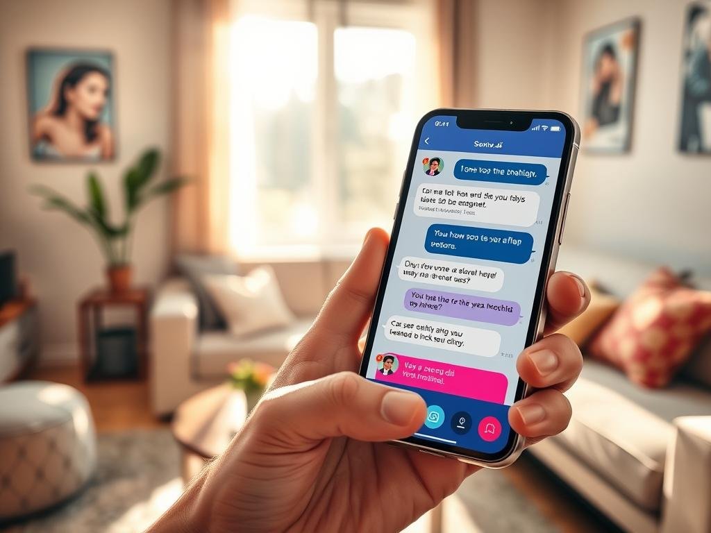 A modern, sleek smartphone displaying the interface of the best AI girlfriend chats app, "sexlove.ai," prominently on the screen. The foreground features a hand holding the phone, showcasing vibrant chat bubbles filled with engaging conversation snippets. In the middle, a soft-focus background of a cozy, well-lit living space, suggesting comfort and intimacy, with a stylish couch and decorative plants. Natural sunlight streaming through a nearby window creates warm highlights, enhancing the inviting atmosphere. The angle focuses slightly from above the hand, giving a sense of exploration into the app&rsquo;s features. The mood evokes a sense of connection and warmth, inviting users to engage with the app and explore its capabilities without any text or overlays.