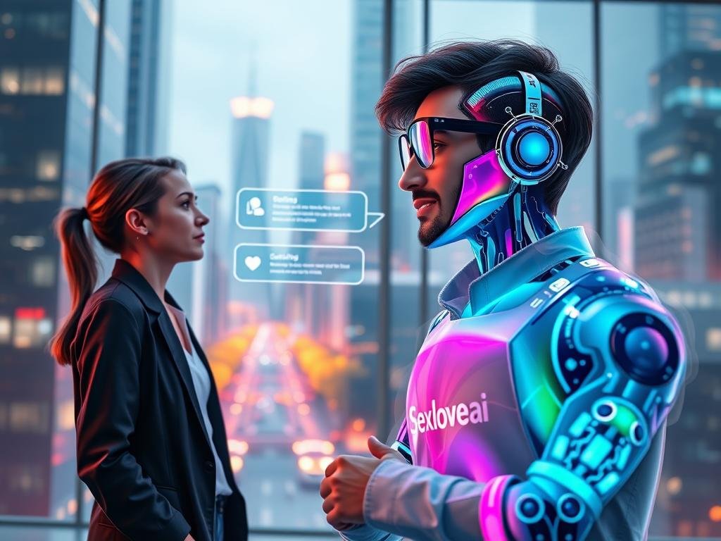 A modern, sleek virtual setting where a friendly, anthropomorphic AI companion engages in a dynamic conversation with a user. The foreground features a stylishly dressed user, wearing casual but professional attire, with a curious expression, interacting with a holographic AI companion that displays vibrant, flowing colors and patterns. In the middle, the interface showcases interactive elements like floating icons and a glowing chat interface, suggesting lively discussions. The background consists of a futuristic cityscape, subtly illuminated with neon lights, creating an inviting atmosphere. The scene is lit with soft, ambient lighting that enhances the warm, engaging mood of the conversation. Capture the essence of connection and engagement in this technologically advanced interaction. Include the brand name "sexlove.ai" subtly in the interface design.