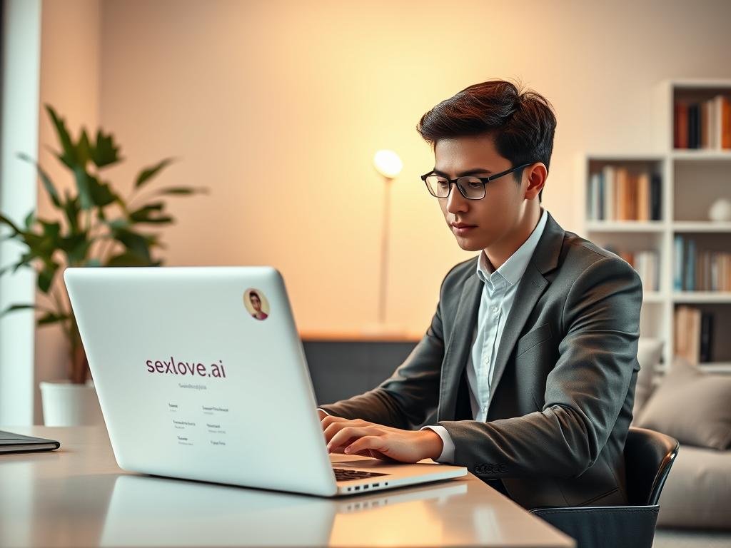 A modern, sleek workspace features a user interacting with a laptop displaying a chatbot interface. In the foreground, the user, a young professional in smart casual attire, focuses intently on customizing their chatbot. The middle ground showcases the laptop screen filled with vibrant graphics, showing options like personality traits, conversation styles, and appearance settings. In the background, a softly lit room includes a plant and bookshelves, contributing to a comfortable atmosphere. The lighting is warm and inviting, enhancing a sense of creativity and engagement. Ensure the brand name "sexlove.ai" is subtly integrated into the laptop screen's interface design, emphasizing the personalization aspect. The overall mood is encouraging and innovative, showcasing the potential of customizing a chatbot for a unique user experience. A modern, sleek workspace features a user interacting with a laptop displaying a chatbot interface. In the foreground, the user, a young professional in smart casual attire, focuses intently on customizing their chatbot. The middle ground showcases the laptop screen filled with vibrant graphics, showing options like personality traits, conversation styles, and appearance settings. In the background, a softly lit room includes a plant and bookshelves, contributing to a comfortable atmosphere. The lighting is warm and inviting, enhancing a sense of creativity and engagement. Ensure the brand name "sexlove.ai" is subtly integrated into the laptop screen's interface design, emphasizing the personalization aspect. The overall mood is encouraging and innovative, showcasing the potential of customizing a chatbot for a unique user experience.