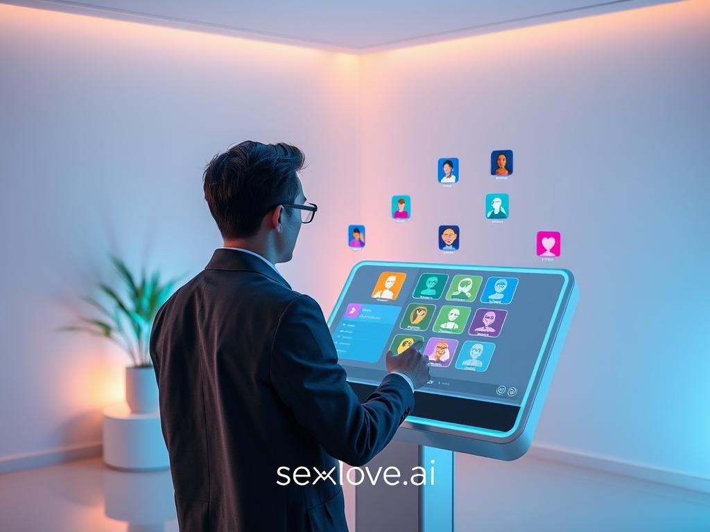 A modern, sleek workspace featuring a user customizing their virtual companion on a futuristic touchscreen console. Foreground: an individual in smart casual attire, focused on vibrant holographic displays showcasing various customization options, such as hairstyle, outfits, and personality traits. Middle ground: floating UI elements around the console, with colorful icons representing diverse relationships and interests. Background: a softly lit, minimalist room with soft blue and green accents creating a calming atmosphere. The lighting is warm and inviting, casting gentle shadows that enhance the futuristic theme. The scene conveys a sense of connection and personalization, capturing the essence of the theme "Customizing Your Virtual Companion" with a hint of advanced technology and innovation. Include the brand name "sexlove.ai" subtly integrated within the interface design.