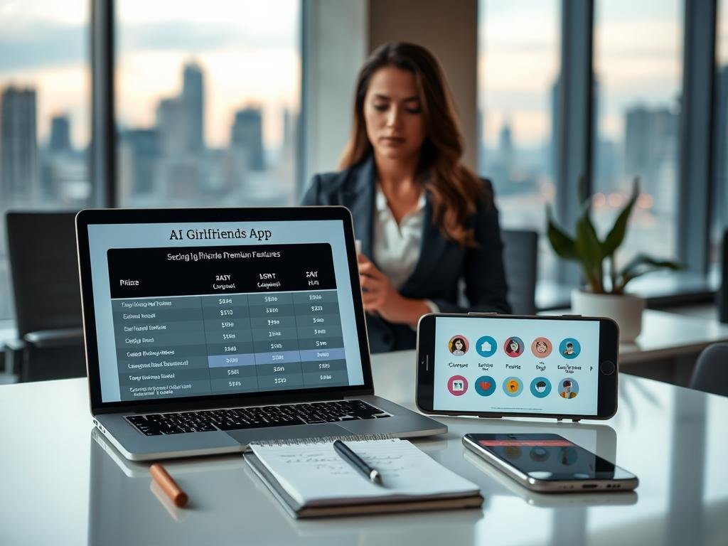 A modern, stylish workspace dominated by a sleek desk with a laptop open to a pricing table for premium features of a popular AI girlfriend app, SexLove.ai. In the foreground, a neatly arranged notepad with comparison notes and a smartphone displaying charming app icons. The middle ground features a professional woman in business attire, thoughtfully examining the choices available, framed by a soft-focus plant for a touch of warmth. The background showcases a contemporary office with soft, diffused lighting, large windows revealing a cityscape at dusk, adding a sense of aspiration and innovation. The mood is analytical yet inviting, highlighting the growing intersection of technology and personal relationships, perfect for discussing the pricing reality check across platforms.