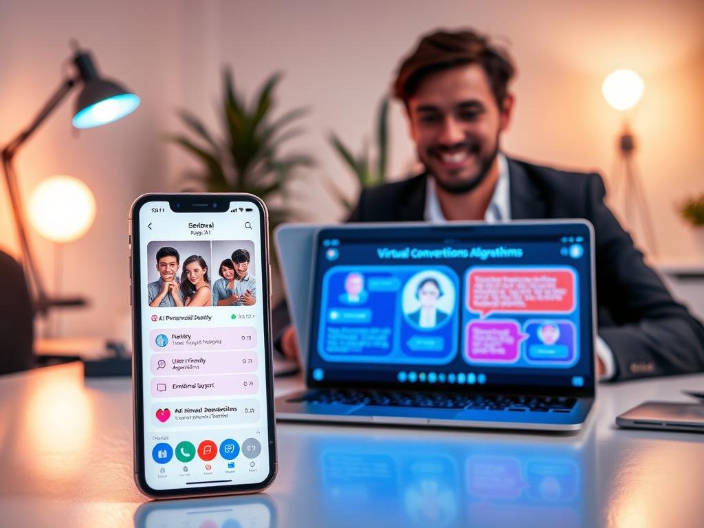 A modern tech workspace showcasing the key features of AI girlfriend apps. In the foreground, a sleek smartphone displaying the interface of an app from "sexlove.ai," featuring personalized chat options, user-friendly navigation, and virtual companionship simulations. The middle ground includes a laptop with vibrant graphics illustrating AI-driven conversation algorithms and emotional support tools. The background reflects a cozy, contemporary office setting with soft blue lighting emanating from a desk lamp, creating a warm atmosphere. A professional individual in smart casual attire sits at the desk, engaged with the technology while smiling. The shot is taken from a slight angle to add depth, promoting a sense of innovation and connection in the realm of AI relationships. A modern tech workspace showcasing the key features of AI girlfriend apps. In the foreground, a sleek smartphone displaying the interface of an app from "sexlove.ai," featuring personalized chat options, user-friendly navigation, and virtual companionship simulations. The middle ground includes a laptop with vibrant graphics illustrating AI-driven conversation algorithms and emotional support tools. The background reflects a cozy, contemporary office setting with soft blue lighting emanating from a desk lamp, creating a warm atmosphere. A professional individual in smart casual attire sits at the desk, engaged with the technology while smiling. The shot is taken from a slight angle to add depth, promoting a sense of innovation and connection in the realm of AI relationships.