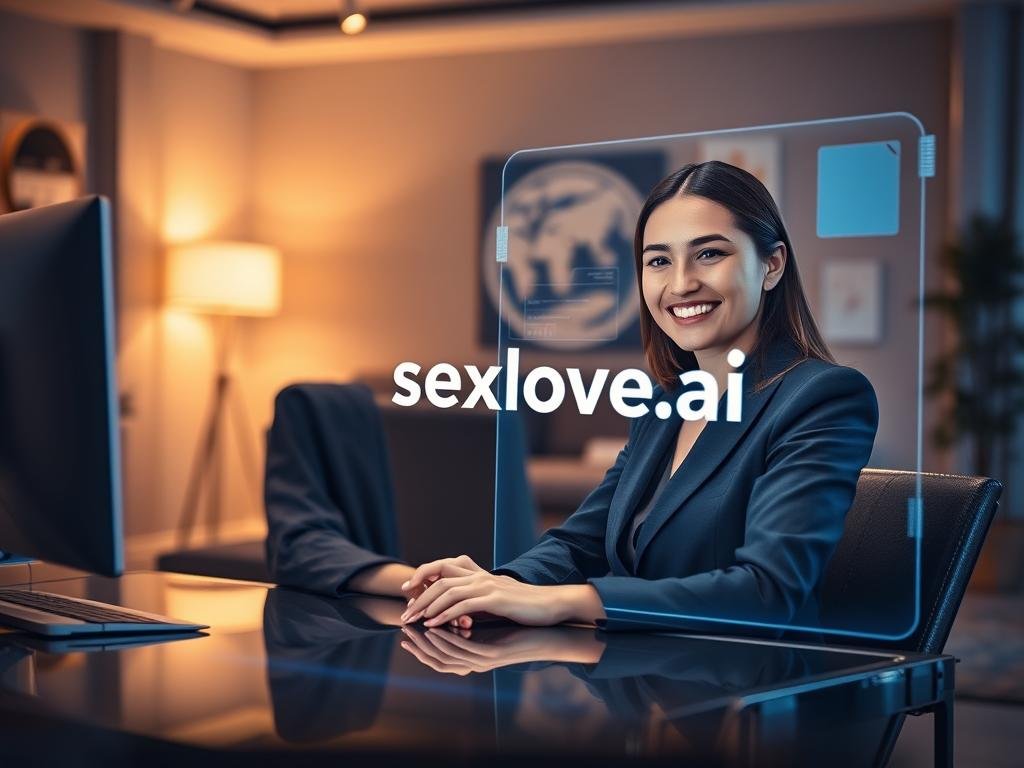A modern virtual interface depicting an AI girlfriend chatting experience. In the foreground, a cheerful, young woman in professional business attire is sitting comfortably at a sleek desk, engaging with a holographic interface displaying the brand name "sexlove.ai." Her expression exudes warmth and engagement, illustrating the benefits of AI companionship. The middle background features futuristic digital elements and soft, glowing lights, providing an inviting atmosphere. In the backdrop, a cozy and stylish room with soft lighting creates an intimate yet professional vibe. The overall mood is optimistic and friendly, capturing the essence of an enjoyable AI chatting experience. The perspective is slightly angled to highlight the interaction, creating a sense of connection and technology.