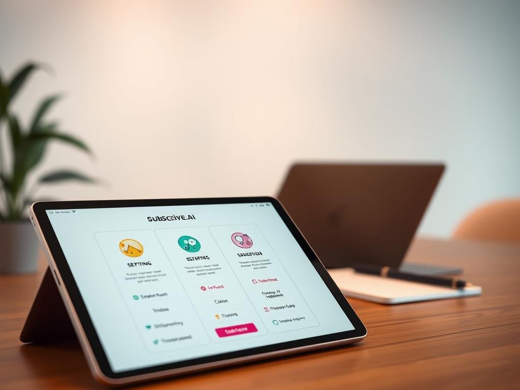 A modern, visually appealing layout showcasing pricing and subscription options for AI companions, specifically featuring "sexlove.ai". In the foreground, a sleek, digital tablet displaying pricing tiers, with vibrant icons representing various subscription features. In the middle, a serene workspace with a tasteful desk featuring a laptop and a notepad, conveying professionalism. The background includes soft, diffused lighting that creates a warm and inviting atmosphere, with abstract digital motifs hinting at technology and connection. A close-up perspective captures the details of the tablet&rsquo;s screen and the elegance of the workspace, emphasizing clarity and value for investment in AI relationships. The mood is optimistic and engaging, perfect for illustrating modern digital companionship.