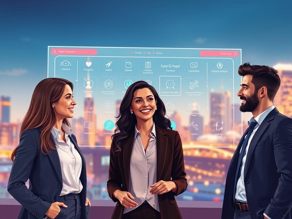 A modern, visually striking illustration showcasing the unique features of sexlove.ai, the leading AI girlfriend web app of 2026. In the foreground, a diverse group of three individuals&mdash;two women and one man&mdash;are engaged in a friendly discussion, dressed in professional business attire, symbolizing innovative technology and inclusion. Their expressions convey enthusiasm and connection. In the middle ground, a sleek, digital interface displays interactive features and user-friendly design elements of sexlove.ai, with vibrant icons and seamless navigation. The background features a futuristic cityscape with soft, ambient lighting, enhancing the atmosphere of advancement and digital intimacy. The scene is illuminated with warm, inviting colors, creating a mood of optimism and excitement. The overall composition highlights what makes sexlove.ai stand out in the AI relationship space.