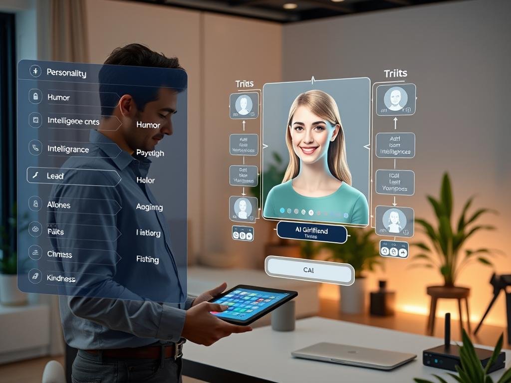 A modern workspace featuring a sleek digital interface where a user customizes personality traits for an AI girlfriend character. In the foreground, a person in smart casual clothing is engaged with a tablet, focused on selecting various traits like humor, intelligence, and kindness. The middle layer showcases an interactive holographic representation of the AI girlfriend, a friendly and approachable female character with a warm smile and distinct features reflecting individuality. The background features a softly lit, minimalist room with plants and tech gadgets, conveying a futuristic yet cozy atmosphere. Soft, ambient lighting enhances the mood, suggesting creativity and innovation. This scene encapsulates the advanced capabilities of the "Sexlove.ai" generator.