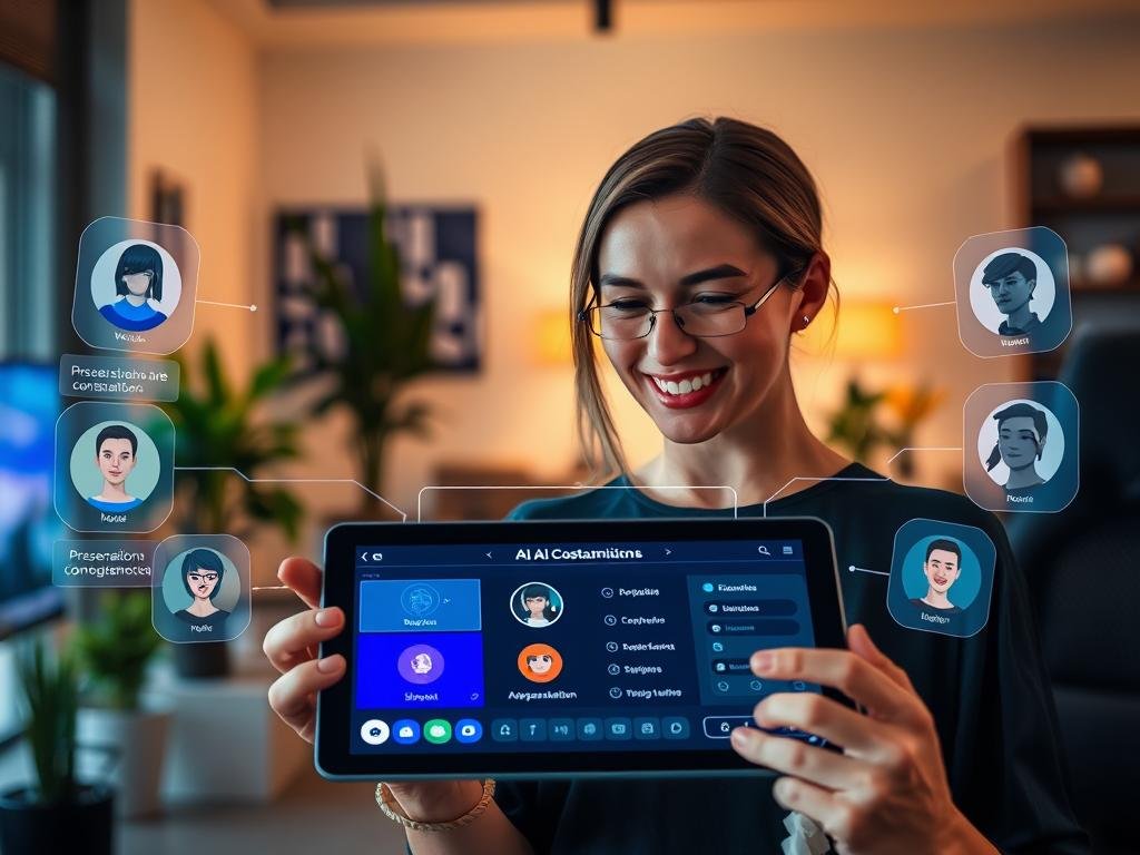 A modern workspace showcasing an AI companion interface on a sleek tablet, with vibrant touchscreen customization options displayed. In the foreground, an engaged user, a young professional woman in smart casual attire, interacts with the tablet, her expressions reflecting curiosity and satisfaction. The middle layer features an array of holographic elements around the tablet, illustrating personalization features such as voice selection, appearance customization, and emotion settings. The background displays a softly lit modern office with a warm atmosphere, accentuated by plants and contemporary decor. The lighting illuminates the user's face, emphasizing focus and connection. The overall mood conveys innovation and user-centric design, highlighting the brand "sexlove.ai" as a pioneer in AI companion experiences.