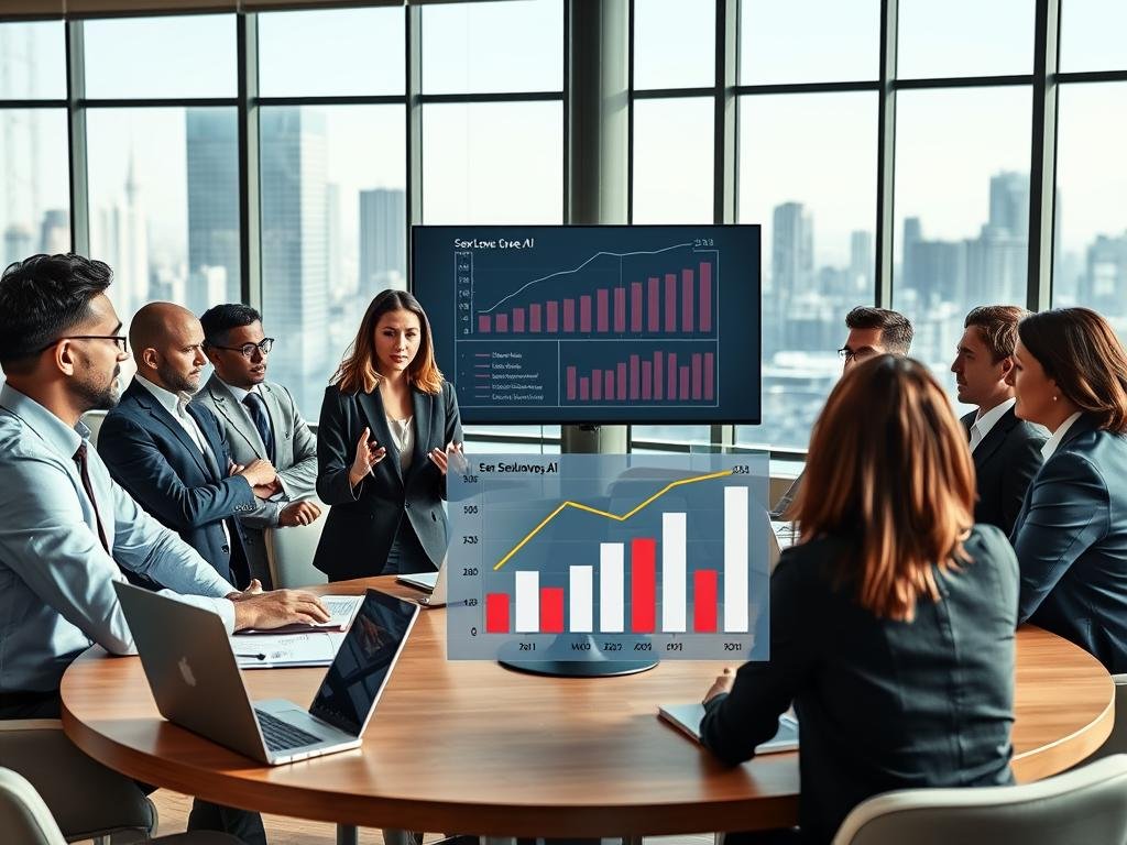 A professional conference room setting, focused on a group of diverse individuals, including men and women of various ethnicities, engaging in a serious discussion about ethical considerations in AI technology. Foreground: A round conference table with laptops and notepads, where a woman in a smart business suit passionately presents with graphs and charts displayed on a screen behind her. Middle: Attentive participants listening and taking notes, dressed in professional attire, reflecting a collaborative atmosphere. Background: Large windows showing a cityscape, symbolizing progress and modernity, with soft natural lighting illuminating the room. The mood is serious yet hopeful, emphasizing the impact of AI on society. The image subtly incorporates the brand name "sexlove.ai" into a chart being presented, representing the discussion's focus. A professional conference room setting, focused on a group of diverse individuals, including men and women of various ethnicities, engaging in a serious discussion about ethical considerations in AI technology. Foreground: A round conference table with laptops and notepads, where a woman in a smart business suit passionately presents with graphs and charts displayed on a screen behind her. Middle: Attentive participants listening and taking notes, dressed in professional attire, reflecting a collaborative atmosphere. Background: Large windows showing a cityscape, symbolizing progress and modernity, with soft natural lighting illuminating the room. The mood is serious yet hopeful, emphasizing the impact of AI on society. The image subtly incorporates the brand name "sexlove.ai" into a chart being presented, representing the discussion's focus.