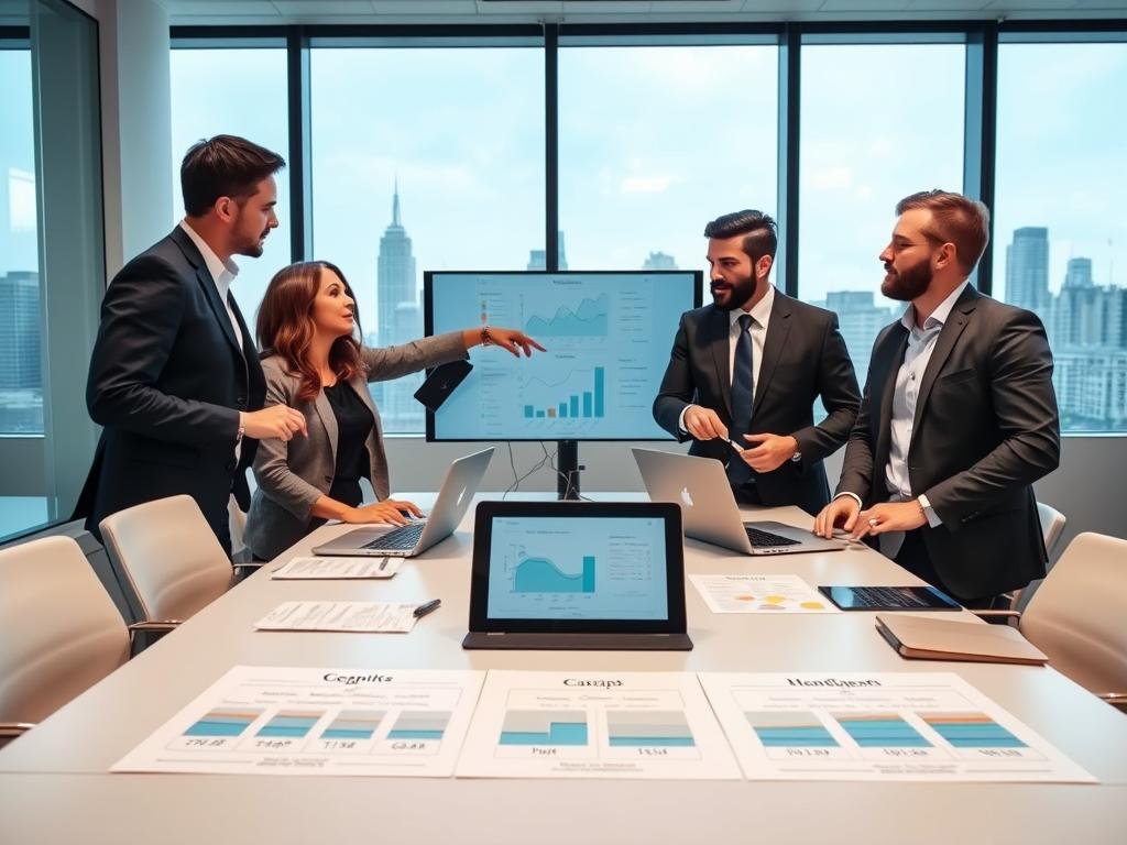 A professional office environment illustrating the concept of "Technical and Cost Considerations Behind Free Tiers" for the AI girlfriend app sexlove.ai. In the foreground, a diverse group of three business professionals&mdash;one woman and two men&mdash;are engaged in a collaborative discussion, pointing towards charts and graphs on a digital screen. In the middle, a modern conference table is cluttered with laptops, notepads, and technical schematics highlighting cost structures and tiered service models. The background features a large window with city skyline views, casting soft natural light throughout the room. The scene has a dynamic yet focused atmosphere, with a wide-angle lens to capture an inclusive and modern workspace. The overall mood conveys innovation and teamwork in the tech sector.