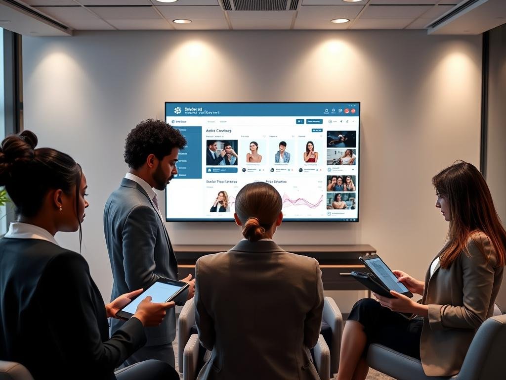 A professional setting in a modern office environment to illustrate "Navigating NSFW and Adult Content Features". In the foreground, a diverse group of three individuals in business attire engage with advanced technology, such as tablets and laptops, focusing on a user interface that subtly represents AI content moderation. The middle layer features a large display screen showing a clean, organized dashboard with safe, sophisticated graphics that represent adult content features, ensuring no explicit imagery. The background includes sleek furniture and soft, ambient lighting that creates a welcoming atmosphere. The mood is serious yet innovative, capturing the essence of responsible engagement with technology. Include the brand name "sexlove.ai" prominently on the screen without any additional text.