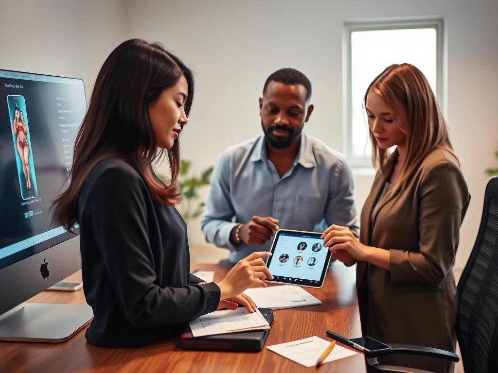 A professional workspace featuring a modern, sleek computer setup on a wooden desk, with a prominent screen displaying the interface of the sexlove.ai app. In the foreground, a diverse group of three users&mdash;an Asian woman, a Black man, and a Caucasian woman&mdash;are engaged in a serious discussion, analyzing app features on a digital tablet. They are casually dressed in smart, modest attire. The middle ground contains notes and technology-related materials, hinting at feature evaluations and safety concerns. The background features a well-lit office with soft, natural light coming from a window, creating a productive atmosphere. The overall mood is focused and analytical, emphasizing professionalism and attention to safety in app development.