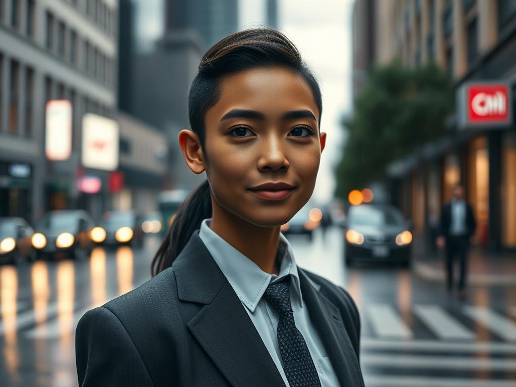 A realistic portrait of a confident AI companion from Candy.ai, standing on a rainy city street in a hoodie, with natural skin texture, subtle facial imperfections, soft evening light, and cinematic detail.