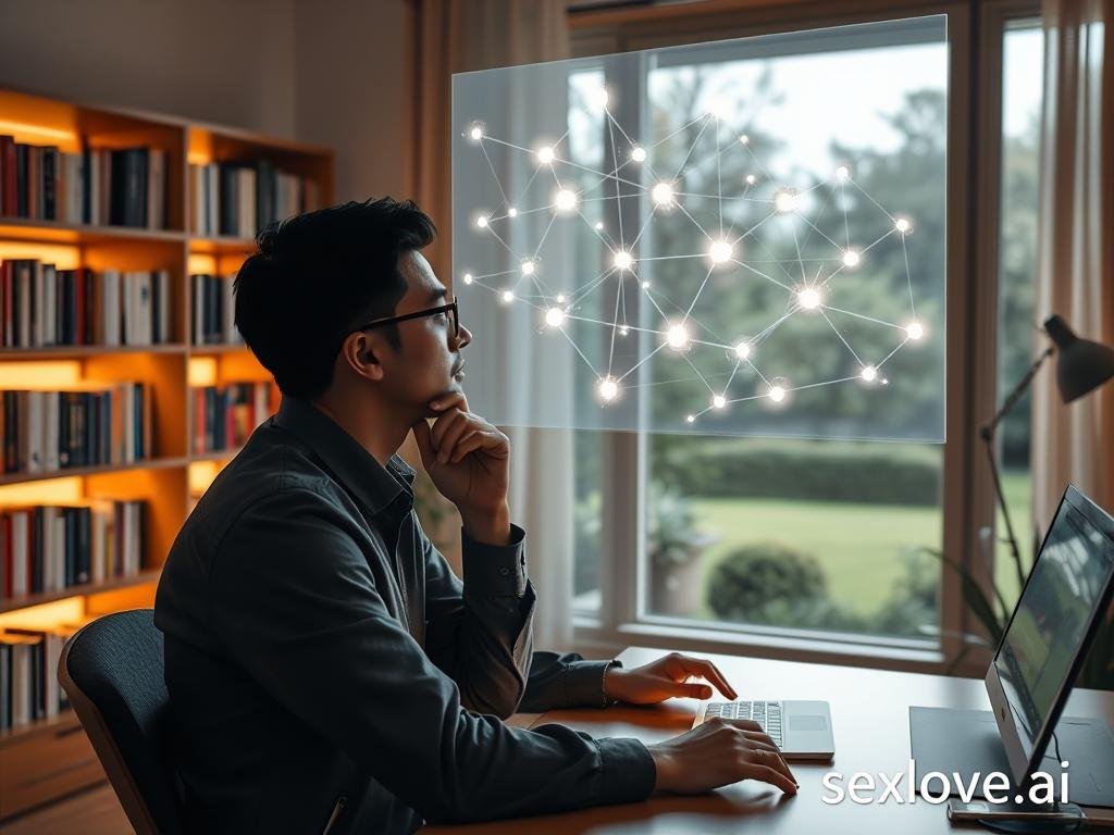 A serene and contemplative scene illustrating the interplay between memory and emotional intelligence. In the foreground, a person sitting at a desk, thoughtfully engaging with a holographic display showing interconnected memories represented by glowing nodes, dressed in smart casual attire. The middle layer features a warm, inviting atmosphere with soft lighting illuminating bookshelves filled with titles on psychology and emotional health. In the background, a window reveals a calm garden outside, symbolizing tranquility and self-reflection. The overall mood is introspective and harmonious, reflecting growth and understanding. The branding &ldquo;sexlove.ai&rdquo; subtly resonates within the context of emotional connections and digital companionship.