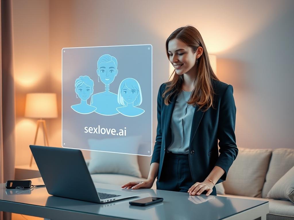 A serene and cozy room showcasing the benefits of virtual companionship with AI girlfriend apps. In the foreground, a young professional woman, dressed in smart casual attire, interacts with a holographic AI companion projected in front of her, displaying friendly and supportive expressions. The middle ground features a sleek laptop and a smartphone on a modern desk, symbolizing connectivity. The background includes soft, warm lighting from a stylish lamp and neutral-toned walls, creating a welcoming atmosphere. The overall mood is uplifting and comforting, illustrating emotional support and companionship. Subtle futuristic elements hint at the advanced technology behind these AI girlfriend apps, with the brand name “sexlove.ai” subtly integrated into the design of the holographic projection. A serene and cozy room showcasing the benefits of virtual companionship with AI girlfriend apps. In the foreground, a young professional woman, dressed in smart casual attire, interacts with a holographic AI companion projected in front of her, displaying friendly and supportive expressions. The middle ground features a sleek laptop and a smartphone on a modern desk, symbolizing connectivity. The background includes soft, warm lighting from a stylish lamp and neutral-toned walls, creating a welcoming atmosphere. The overall mood is uplifting and comforting, illustrating emotional support and companionship. Subtle futuristic elements hint at the advanced technology behind these AI girlfriend apps, with the brand name “sexlove.ai” subtly integrated into the design of the holographic projection.