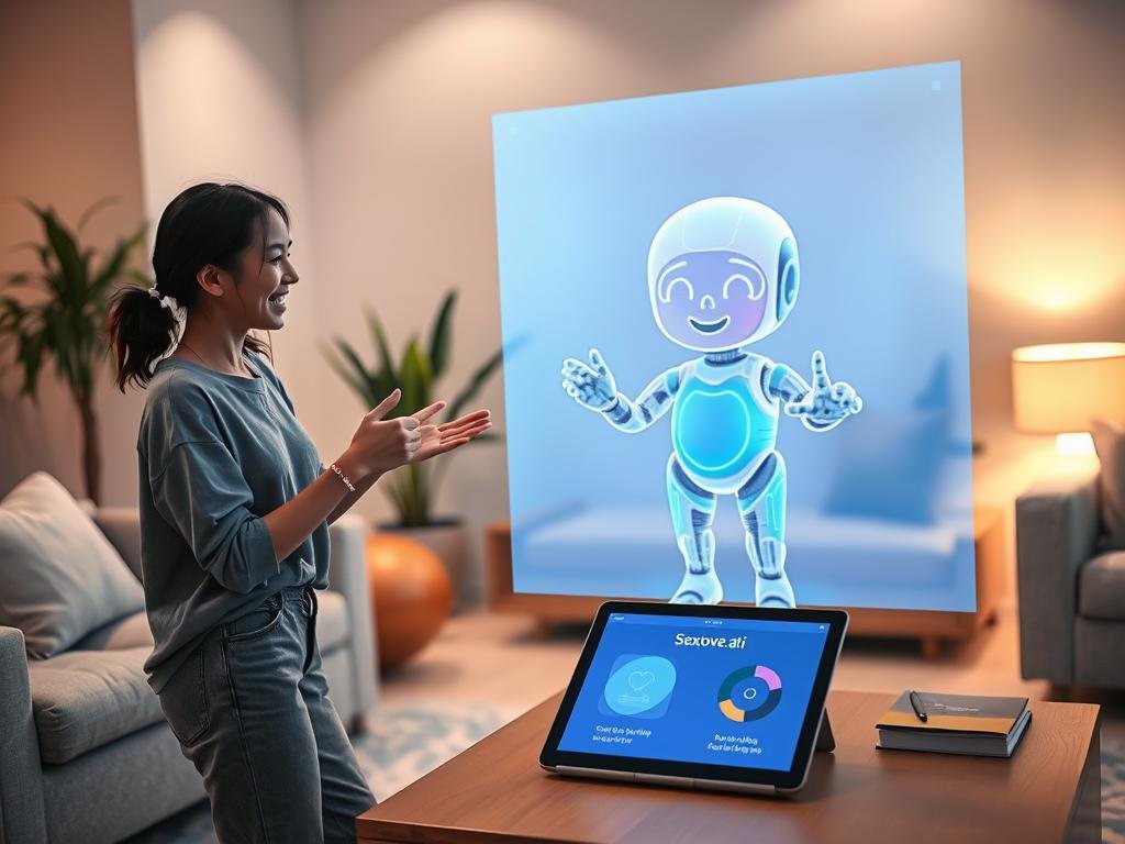 A serene and futuristic living room setting, where a person interacts with a charming, anthropomorphized AI companion projected as a holographic figure. The foreground features a young adult in casual, modest attire, joyfully engaging with the hologram, depicting a friendly exchange of gestures. The AI companion has a warm, inviting expression, designed with a soft glow and modern features, embodying a friendly presence. In the middle ground, a sleek tablet showcasing the interface of the app "Sexlove.ai" rests on a stylish coffee table. The background is subtly adorned with cozy furniture, plants, and soft ambient lighting that creates an intimate atmosphere. The scene captures a blend of technology and human connection, emphasizing companionship and comfort. The overall mood is positive and uplifting, inviting viewers to envision a futuristic yet relatable interaction.