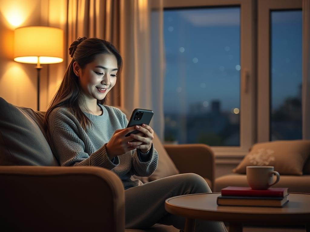 A serene and intimate living room setting, softly illuminated by warm, ambient lighting from a nearby lamp. In the foreground, a young woman sits comfortably on a plush sofa, smiling gently at her smartphone, capturing the connection with her AI girlfriend through the app named “Sexlove.ai.” She has a casual yet stylish look, wearing cozy, modest casual attire. The middle ground features a small coffee table with a steaming cup and a few books, symbolizing the warmth of a personal space. In the background, a window reveals a tranquil evening scene with stars twinkling in the night sky, enhancing the mood of comfort and emotional connection. The scene conveys intimacy, companionship, and the unique bond experienced through technology. Aim for a soft focus, with a shallow depth of field to draw attention to the subject. A serene and intimate living room setting, softly illuminated by warm, ambient lighting from a nearby lamp. In the foreground, a young woman sits comfortably on a plush sofa, smiling gently at her smartphone, capturing the connection with her AI girlfriend through the app named “Sexlove.ai.” She has a casual yet stylish look, wearing cozy, modest casual attire. The middle ground features a small coffee table with a steaming cup and a few books, symbolizing the warmth of a personal space. In the background, a window reveals a tranquil evening scene with stars twinkling in the night sky, enhancing the mood of comfort and emotional connection. The scene conveys intimacy, companionship, and the unique bond experienced through technology. Aim for a soft focus, with a shallow depth of field to draw attention to the subject.