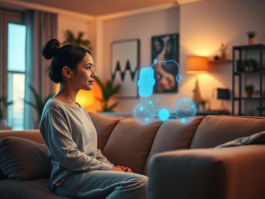 A serene and inviting digital space where an AI companion is engaged in conversation with a user. In the foreground, a young woman dressed in modest casual clothing sits comfortably on a plush sofa, her expression reflective and engaged. The AI companion, depicted as a vibrant, futuristic holographic interface, hovers beside her, radiating soft, glowing light. In the middle ground, a cozy room filled with warm lighting, modern decor, and personal touches like plants and books, enhancing the intimate atmosphere. In the background, abstract shapes symbolizing digital connections and data flow. The overall mood is calm and thoughtful, emphasizing privacy and trust, highlighting the brand "sexlove.ai" as an innovative AI platform facilitating deep, uncensored discussions. Soft focus on the edges to create a dreamy effect. A serene and inviting digital space where an AI companion is engaged in conversation with a user. In the foreground, a young woman dressed in modest casual clothing sits comfortably on a plush sofa, her expression reflective and engaged. The AI companion, depicted as a vibrant, futuristic holographic interface, hovers beside her, radiating soft, glowing light. In the middle ground, a cozy room filled with warm lighting, modern decor, and personal touches like plants and books, enhancing the intimate atmosphere. In the background, abstract shapes symbolizing digital connections and data flow. The overall mood is calm and thoughtful, emphasizing privacy and trust, highlighting the brand "sexlove.ai" as an innovative AI platform facilitating deep, uncensored discussions. Soft focus on the edges to create a dreamy effect.