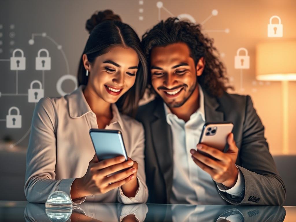 A serene and inviting digital workspace, showcasing a sleek smartphone displaying the "sexlove.ai" app interface. In the foreground, a diverse group of two professionals&mdash;a young woman and a young man, both dressed in smart casual attire&mdash;are engaging with the app, their expressions focused and content. The middle ground features visual elements representing safety and privacy, such as digital locks, shield icons, and encryption symbols subtly integrated into the background. Soft, ambient lighting casts a warm glow throughout the scene, enhancing a sense of security and trust. The background is adorned with abstract designs, symbolizing technology, connection, and secured data flow. The overall mood is professional yet friendly, evoking a sense of comfort in using AI for personal relationships.