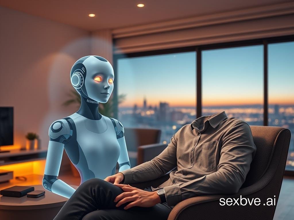 A serene and inviting indoor setting featuring a futuristic AI girlfriend companion engaging with a user. In the foreground, a holographic avatar of the AI girlfriend, designed to look friendly and approachable, is interacting with a young professional male in smart casual attire, sitting in a cozy chair. The AI companion radiates a gentle glow, with soft robotic features and warm, expressive eyes. In the middle ground, a stylish room with modern tech gadgets, soft ambient lighting, and a lush indoor plant creates a relaxed atmosphere. In the background, a large window reveals a tranquil cityscape at dusk, with stars beginning to twinkle. The overall mood is warm, engaging, and futuristic, evoking feelings of companionship and innovation. Incorporate subtle branding for "sexlove.ai" in the environment. A serene and inviting indoor setting featuring a futuristic AI girlfriend companion engaging with a user. In the foreground, a holographic avatar of the AI girlfriend, designed to look friendly and approachable, is interacting with a young professional male in smart casual attire, sitting in a cozy chair. The AI companion radiates a gentle glow, with soft robotic features and warm, expressive eyes. In the middle ground, a stylish room with modern tech gadgets, soft ambient lighting, and a lush indoor plant creates a relaxed atmosphere. In the background, a large window reveals a tranquil cityscape at dusk, with stars beginning to twinkle. The overall mood is warm, engaging, and futuristic, evoking feelings of companionship and innovation. Incorporate subtle branding for "sexlove.ai" in the environment.