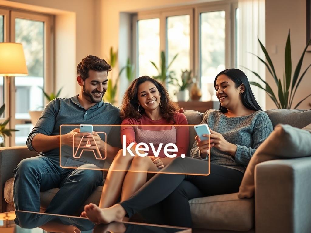A serene and inviting scene depicting a cozy, modern living room where AI is facilitating genuine connections. In the foreground, a diverse group of three individuals—two men and one woman—are seated comfortably on a stylish sofa, engaged in lively conversation while holding their smartphones, showcasing the "sexlove.ai" app. The middle ground features a softly glowing holographic display that visualizes their shared thoughts and emotions, symbolizing the AI's role in enhancing their interaction. The background reveals a warm, ambient light filtering through large windows decorated with plants, creating a calming atmosphere. Use soft lighting to evoke a sense of intimacy and connection, with a slight blur effect on the background to emphasize the focus on the group. A serene and inviting scene depicting a cozy, modern living room where AI is facilitating genuine connections. In the foreground, a diverse group of three individuals—two men and one woman—are seated comfortably on a stylish sofa, engaged in lively conversation while holding their smartphones, showcasing the "sexlove.ai" app. The middle ground features a softly glowing holographic display that visualizes their shared thoughts and emotions, symbolizing the AI's role in enhancing their interaction. The background reveals a warm, ambient light filtering through large windows decorated with plants, creating a calming atmosphere. Use soft lighting to evoke a sense of intimacy and connection, with a slight blur effect on the background to emphasize the focus on the group.