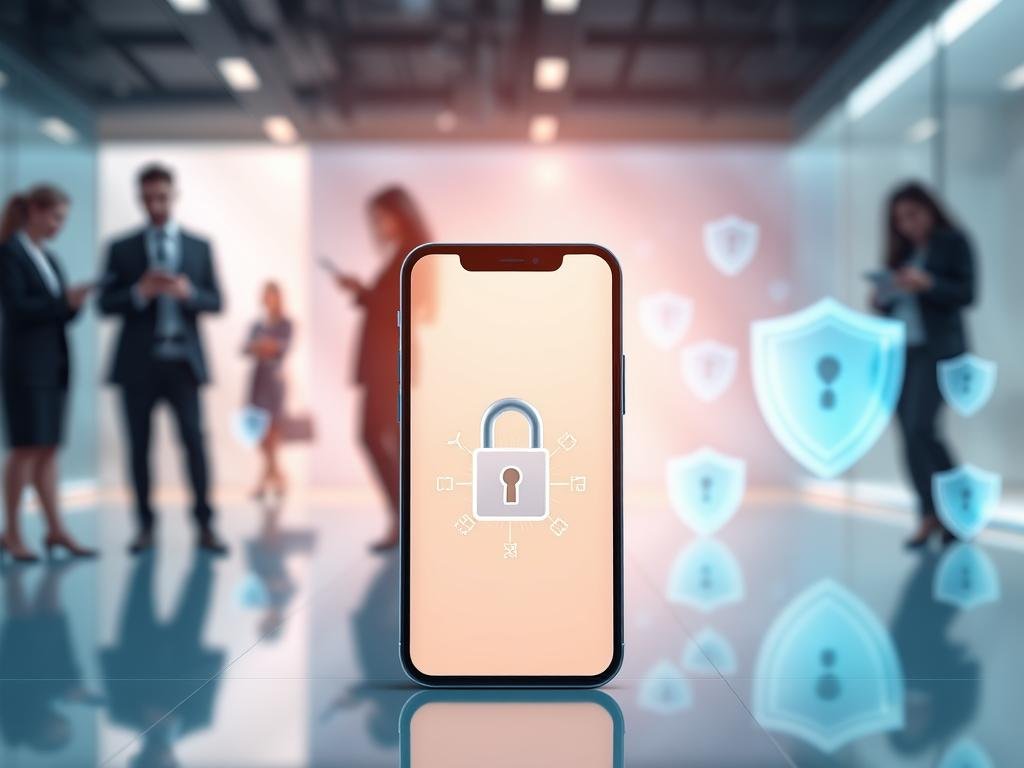 A serene and modern digital interface showcasing the "Privacy and Security" features of the AI girlfriend app, sexlove.ai. In the foreground, a sleek smartphone displays an animated security lock and encrypted data symbols to signify user privacy. The middle ground features a softly glowing, futuristic backdrop with abstract representations of cybersecurity, such as shields and firewalls, integrating soft blues and greens to evoke trust. In the background, blurred silhouettes of diverse individuals in professional business attire interact with their devices, indicating a casual yet secure environment. The lighting is bright and inviting, emphasizing a sense of safety and reassurance. The overall mood is calming and protective, illustrating the importance of privacy in technology.