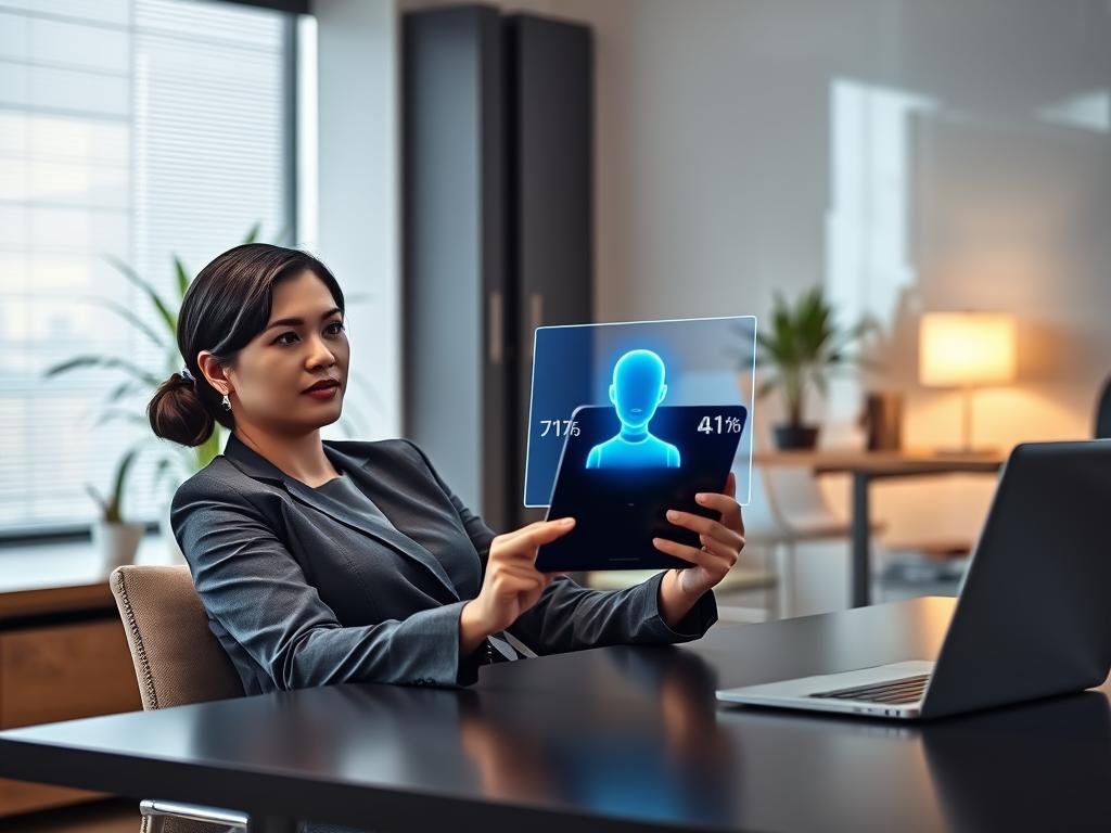 A serene and modern office setting, where a professional woman in modest business attire is seated at a sleek desk, holding a tablet displaying a friendly AI companion interface. In the foreground, she appears thoughtful and engaged, illustrating the concept of setting boundaries. The middle ground features a holographic representation of the AI, emanating a soft blue glow, showcasing its friendly and approachable design without any likeness to human appearance. The background depicts a stylish, minimalistic workspace with plants and soft lighting, conveying a sense of tranquility. The atmosphere is a balance of professionalism and warmth, reflecting the theme of healthy interactions with AI companions. The logo "sexlove.ai" is subtly incorporated into the design of the tablet screen, symbolizing future interactions.