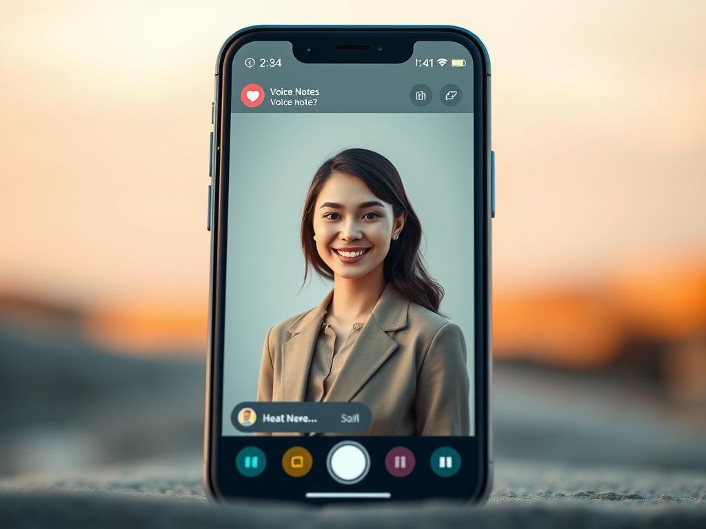 A serene digital environment showcasing an "AI girlfriend" interface inspired by the app Sexlove.ai. In the foreground, a futuristic smartphone displays a sleek, user-friendly chat interface with vibrant, colorful voice note icons. In the middle, an avatar personifying the AI girlfriend appears, depicted as a friendly and engaging character with a warm smile, dressed in a stylish yet modest outfit. The background features a soft-focus, dreamy landscape, hinting at virtual elements like floating digital hearts and connection symbols, creating a whimsical yet professional atmosphere. Use soft, warm lighting to enhance the friendly mood, with a slight lens blur to emphasize the foreground. The composition should evoke a sense of connection, comfort, and modern technology, perfect for conveying the key features of the app.