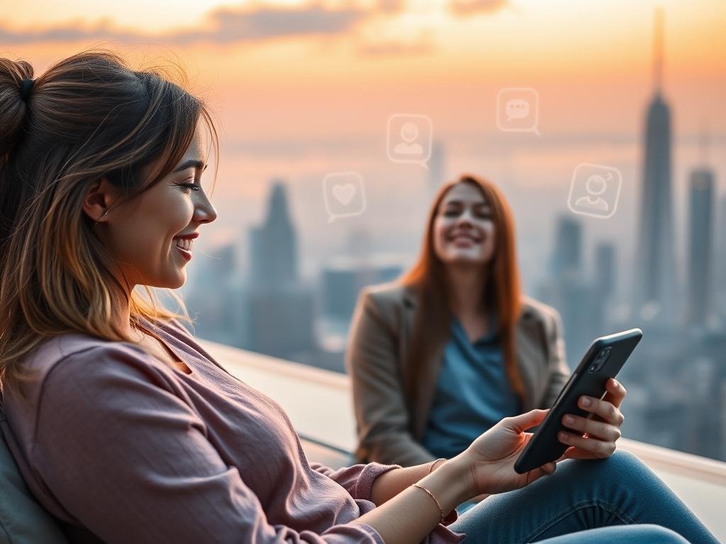 A serene digital landscape representing the benefits of the AI Girlfriend Chat App by sexlove.ai. In the foreground, a friendly, virtual female assistant with a warm smile interacts with a user on a sleek, modern smartphone. The user, depicted in casual attire, appears engaged and happy. In the middle ground, icons representing conversation, support, and companionship float gently, highlighting features like emotional understanding and personalized interaction. The background showcases a futuristic cityscape bathed in soft, golden hour lighting, creating a warm and inviting atmosphere. The mood is one of comfort, innovation, and connection, inviting users to explore the advantages of this technology. Use a soft-focus lens to enhance the inviting feel.